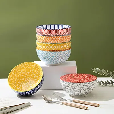 Ceramic Cereal Bowls Set 24 Oz + 8 Inch Rectangular Salad Plates Set