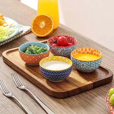 Ceramic 4 Oz Small Bowls Set + Rectangular Salad Plates 8 Inch