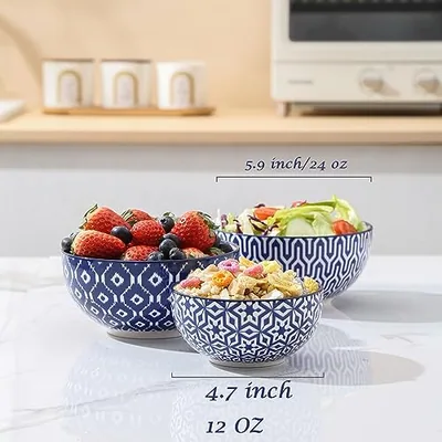 Ceramic Dessert Bowls Set 12 Oz + Rectangular Salad Plates 8 Inch
