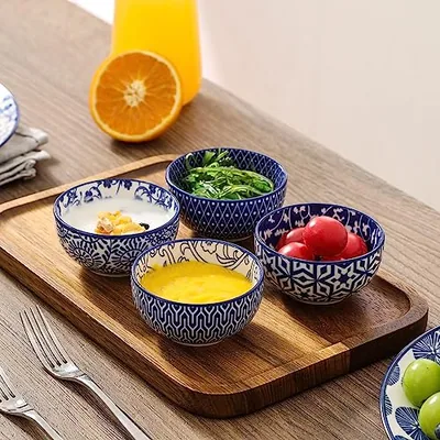 Ceramic Small Bowls Set 4 Oz + Rectangular Salad Plates 8 Inch