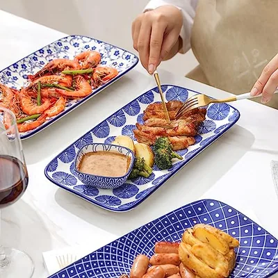 Ceramic Rectangular Serving Platters 12 Inch + 20oz Cereal Bowl Set