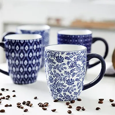 16 oz Porcelain Coffee Mugs Set + 20oz Cereal Bowl Set